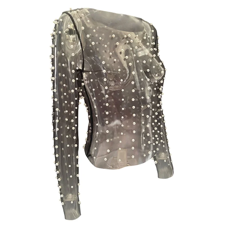 Sheer Mesh Top with Pearls Women y2k Clothing See Through Round Neck Long Sleeve T Shirt 2000s Clothes Party Clubwear