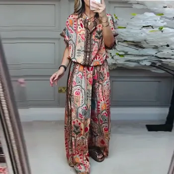 2025 Summer New Fashionable Casual Loose Printed Short Sleeve Top+Wide Leg Pants Two Piece Set For Women 1