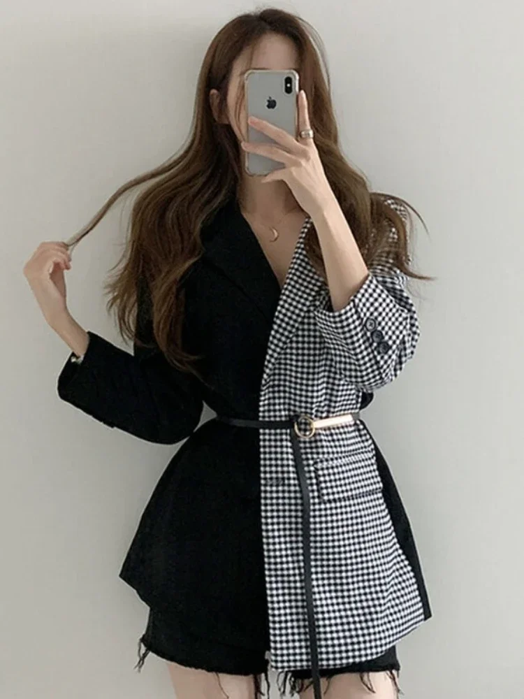 

Insozkdg Women Vintage Fashion Blazer Patchwork Jackets Spring Autumn Irregular Coats Women Long Sleeve Loose Korean Outerwear