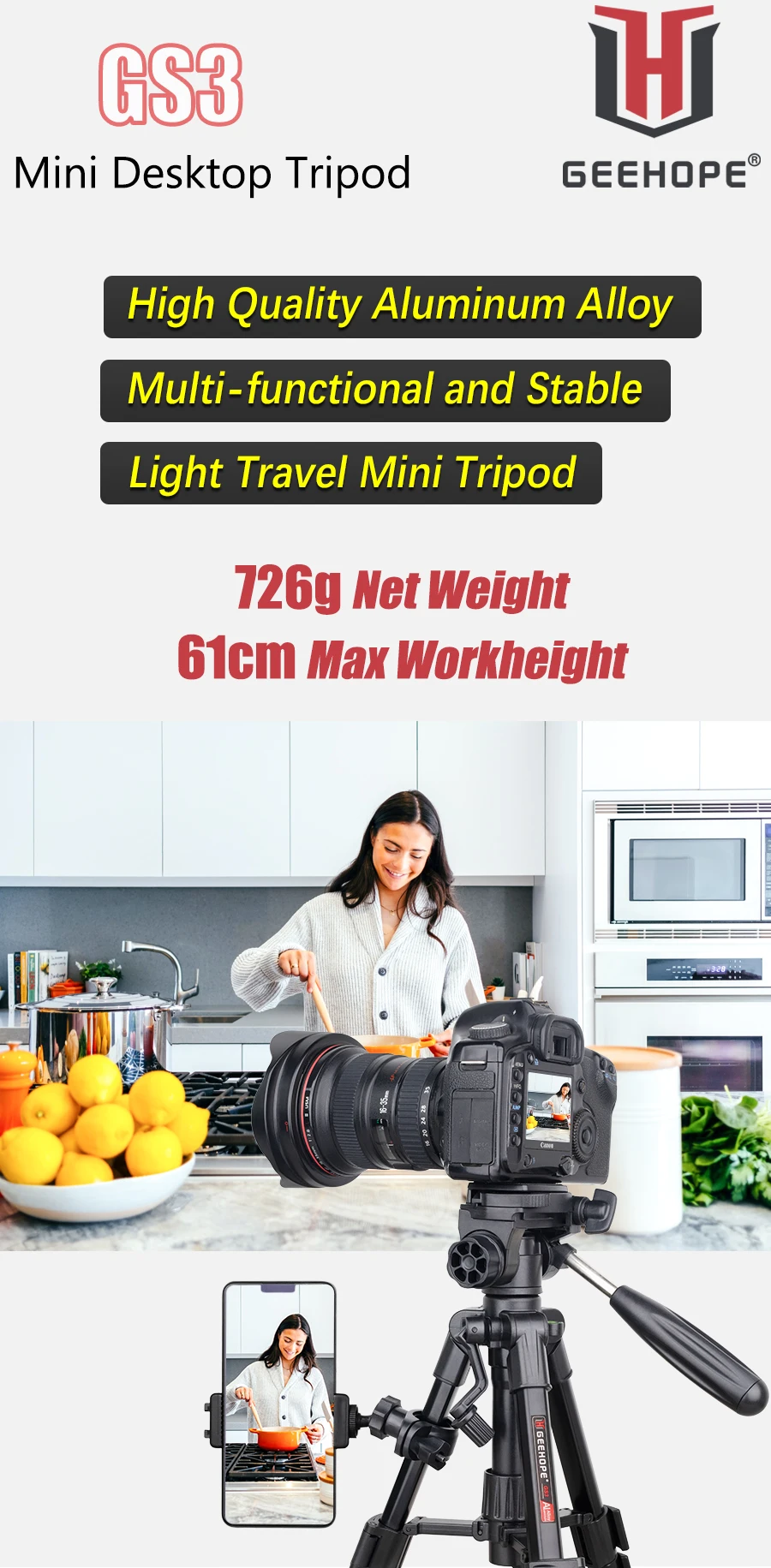 GS3 Mini Lightweight Desktop Tripod with 3-Way Flexible Pan Head and Bubble Leve