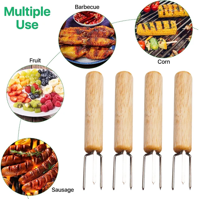 2Db Kukoricatartó Rozsdamentes Acél Macskák Nyárs Gyümölcsvillák Fa Fogantyú Kültéri Bbq Szerszámok Piknik Főző - Image 2