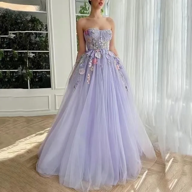 

Purple Sweetheart Princess Prom Dress Pastoral Floral Strapless Backless Evening Gown vestidos de fiesta elegantes para mujer