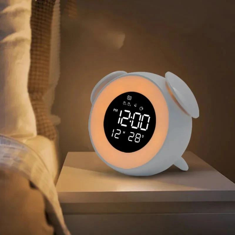 Reloj despertador LED con luz ambiental para niños, lámpara de mesita de  noche de dibujos animados, modo de puesta de sol, música, nuevo - AliExpress