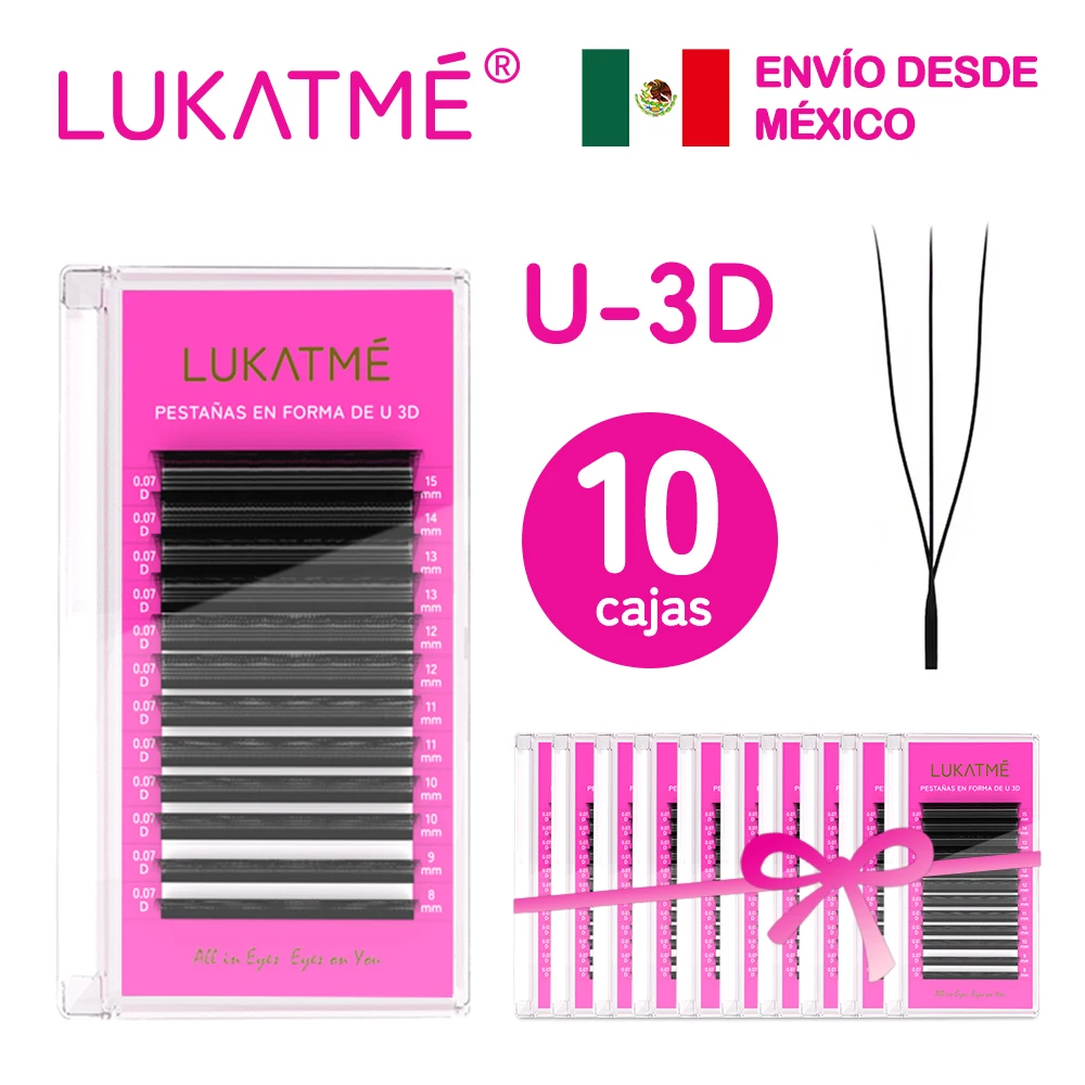 LUKATME 10 Cajas por juego, extensiones de pestañas 3D forma U. Envío rápido desde México. Pestañas U-3D ultraligeras naturales de visón sintético forma U 3D