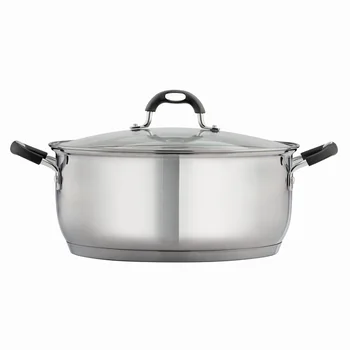 Gourmet Stainless Steel Dutch Oven 9Qt Induction Safe Tri-Ply Base Cooking Pot with Glass Lid Ergonomic Soft Grip Handles Soup 4