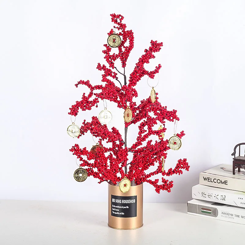 1Pcs Christmas Red Berries Decoration Artificia Flowers Stems Ornament for Xmas Tree Lucky Fortune Tree Home Decor