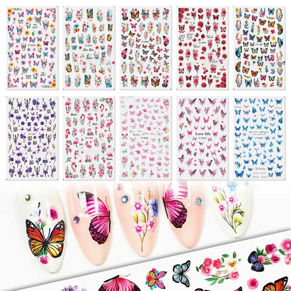 3D Design 3D Nail Art Decals Blossom Pink Flowers Design Nail Decorations Purple Petals Butterflys Pattern Fashion Nails