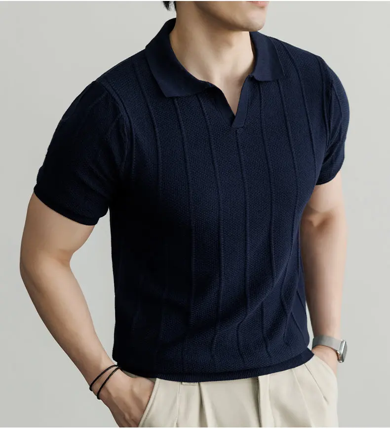 Frühling und Sommer Neues Luxuriöses Europäisches Kurzarm-V-Ausschnitt-T-Shirt Herren Mode-Pullover – Detail 7