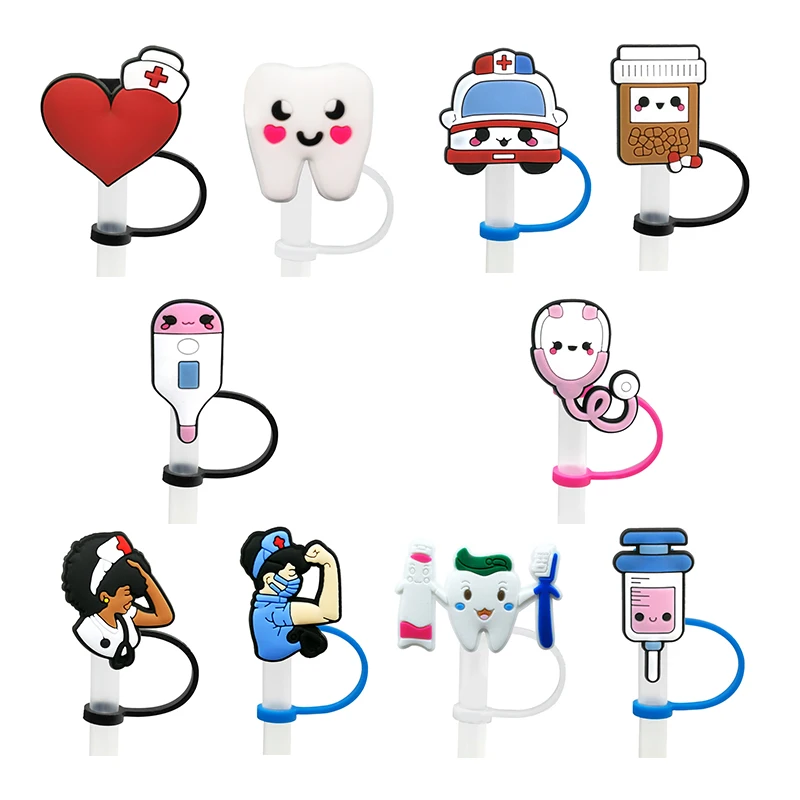 

20PCS PVC Reusable Straw Topper Medical Series Nurse Stethoscope Plastic Straw Charms Accessories Disposable Straw Cover Decor