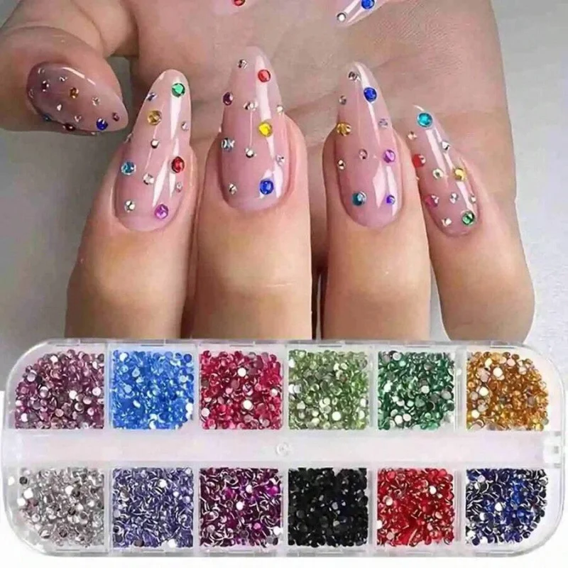12-Pack Box of Nail Accessories: Flat-Bottom Rhinestones, Decorative Nail Embellishments, Assorted Small Components, colorful Nail stickers with Rhinestones.
