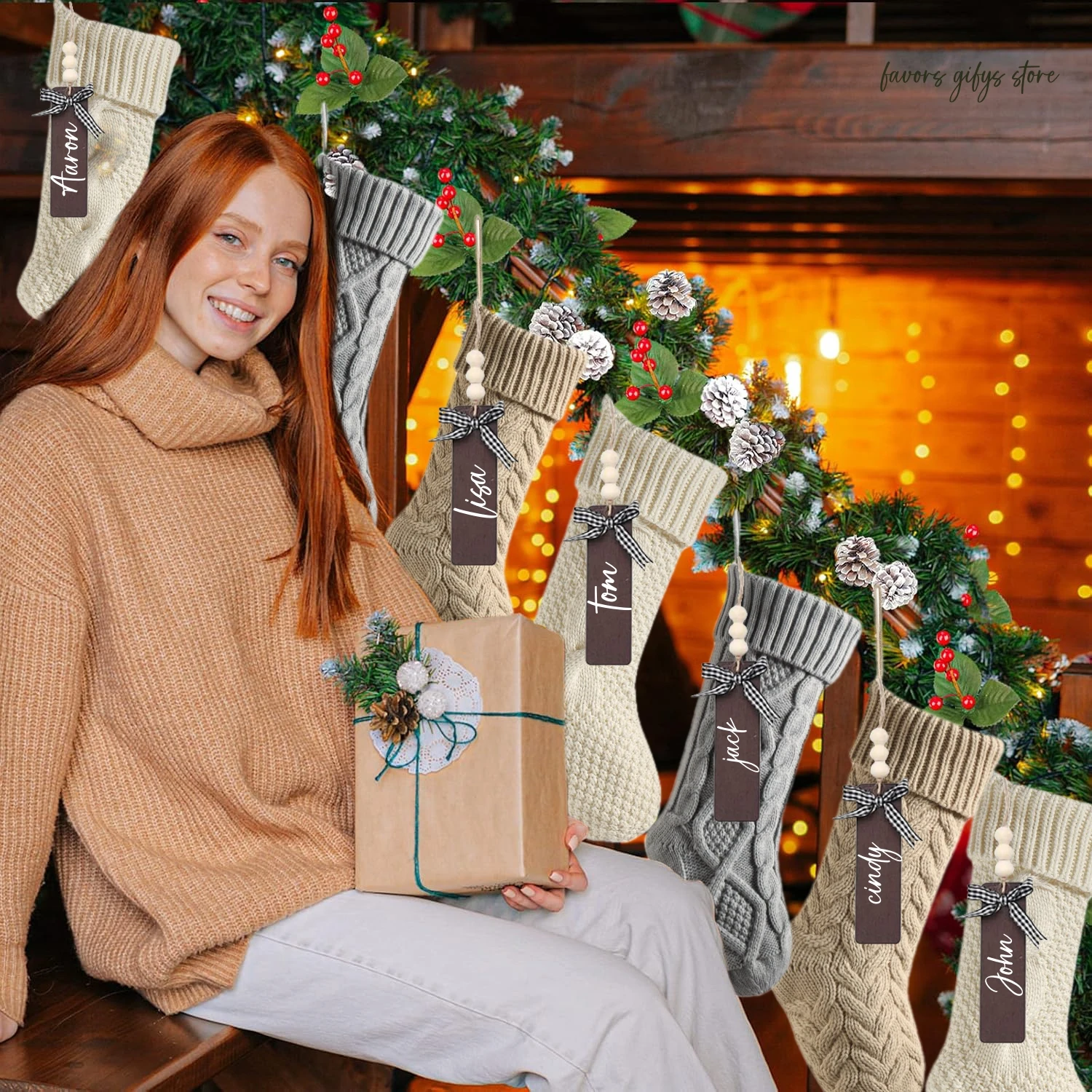 Christmas Stockings 3-8Pack 18In with Name Tags Rustic Cable Knitted Stocking Decorations for Xmas Family Holiday Party Decor christmas stockings