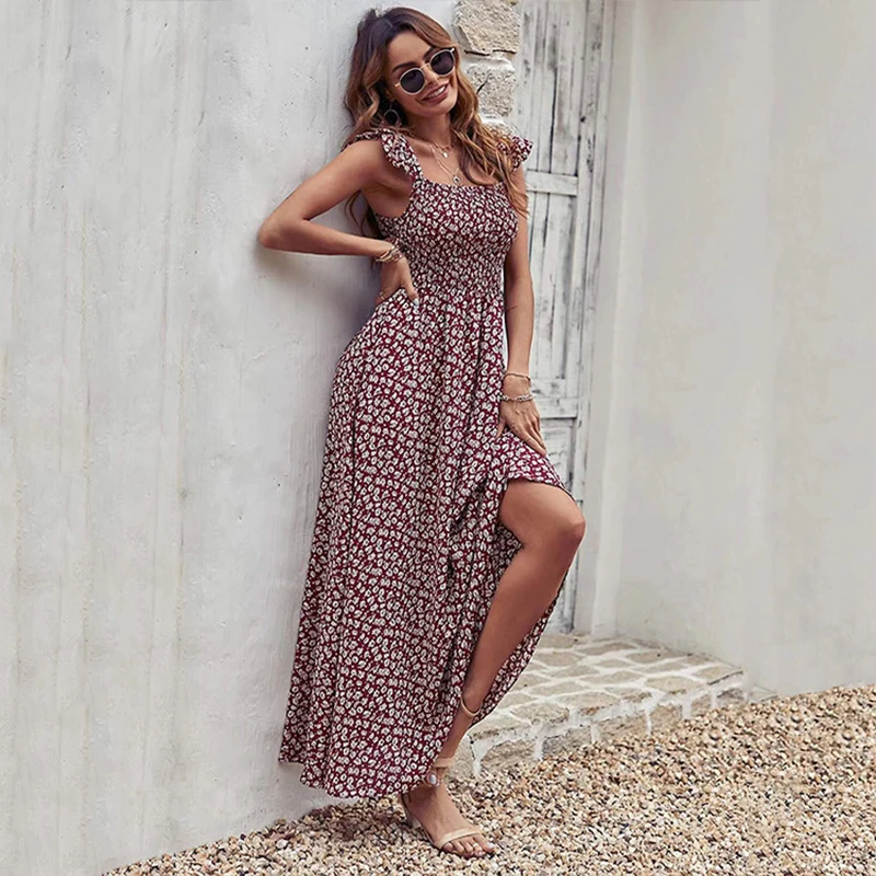 

Vintage Floral Print Ruffles Sleeve Summer Beach Sweet Dresses Casual Bohemian Floral Dress Maxi Long Dress Vestidos