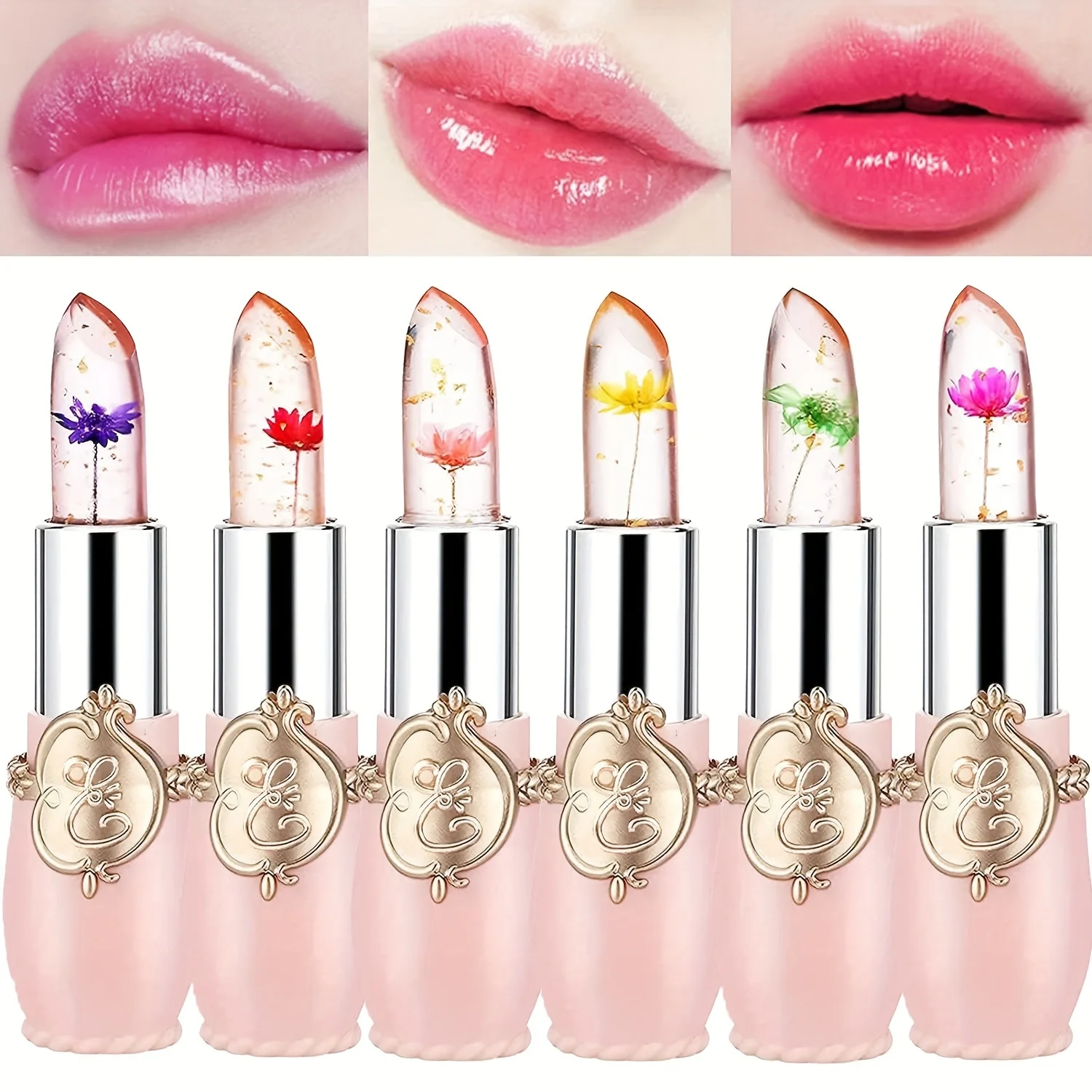 thumbnail image 1 of make up 6pcs Lipstick Set Flower Jelly Crystal Clear Long Lasting Lips Color Change Pink lip gloss Cosmetics, 1 of 4