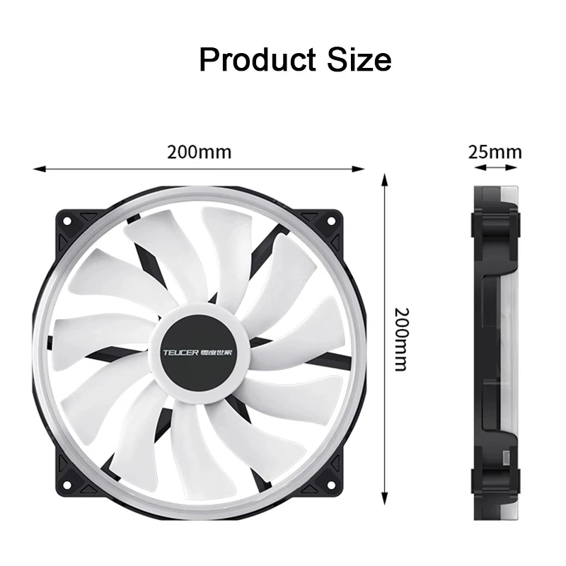 20025 5V 3PIN ARGB Case Fan 200mm 4PIN Cooling Fan High Air Volume 500-1500RPM C