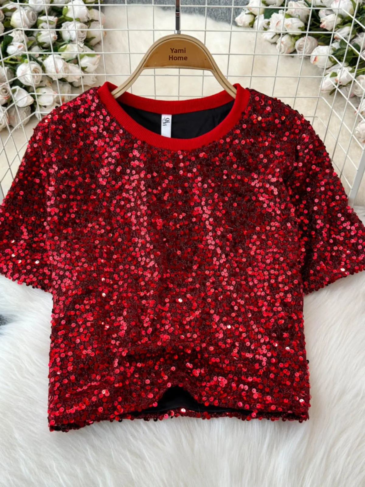 Slimming Effect Sequin ort Sve Women's T-irt Summer Korean Sle Commute Creative Pattern Casual round Ne Top