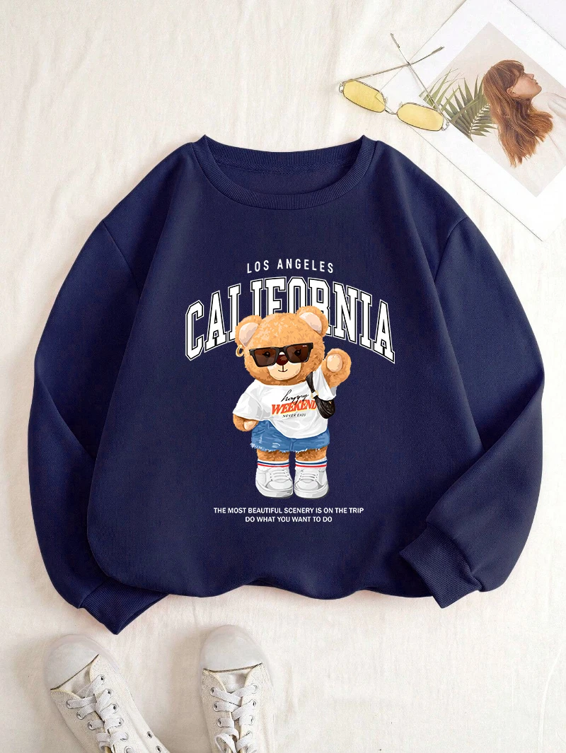 Autumn Winter Womens Pullover California Letter Trend Bear Printing Hoodie Loose Crewneck Warm Fleece Sweatshirt Street Clothing 6