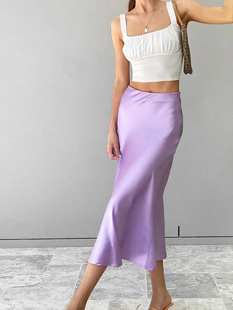 

Solid Purple Satin Silk Skirt Women High Waisted Summer Long Skirt New 2024 Elegant Ladies Office Skirts Midi Spring