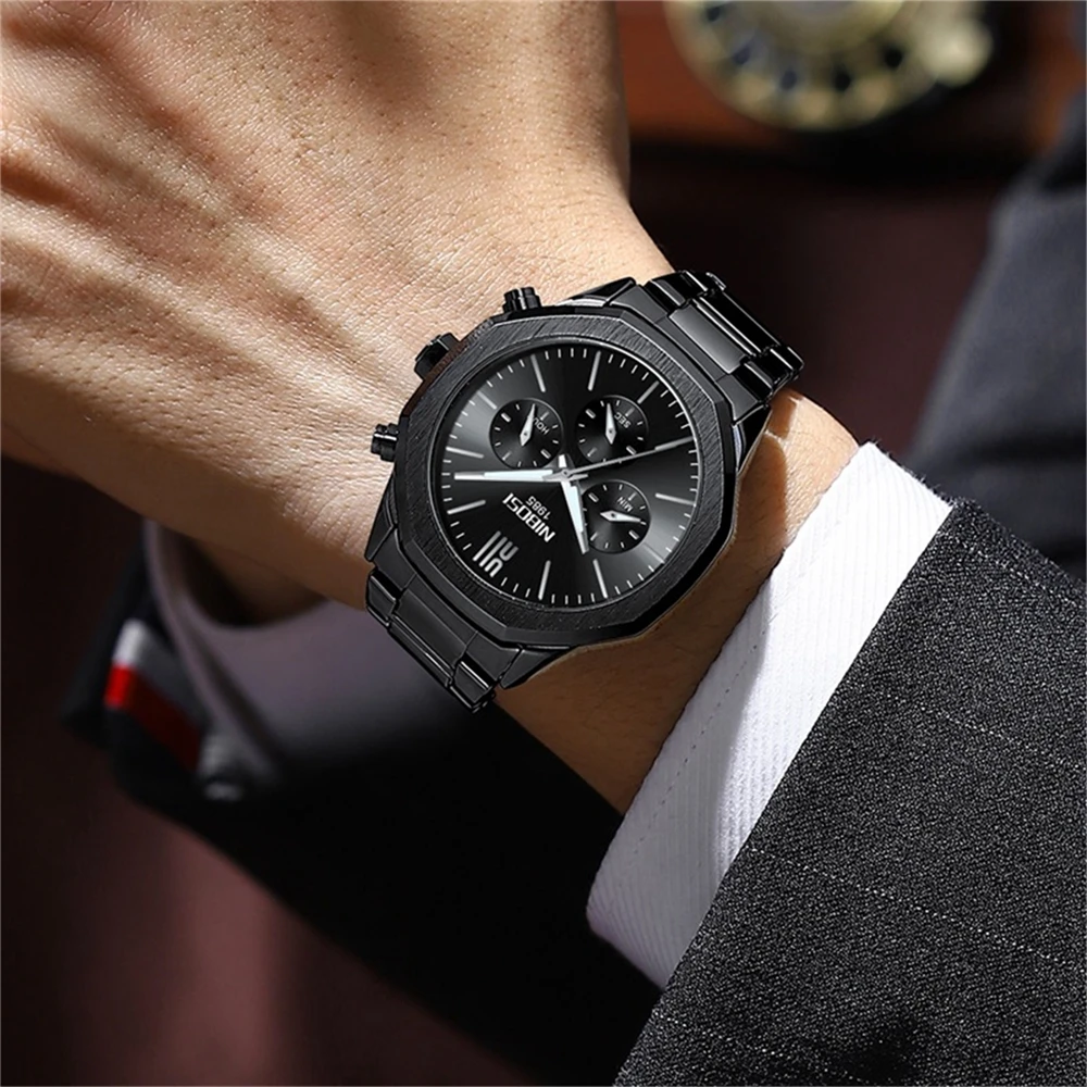 NIBOSI Mens Watches Top Brand Luxury Stainless Steel Chronograph Quartz Watch Sport Waterproof Date Wristwatch Relogio Masculino