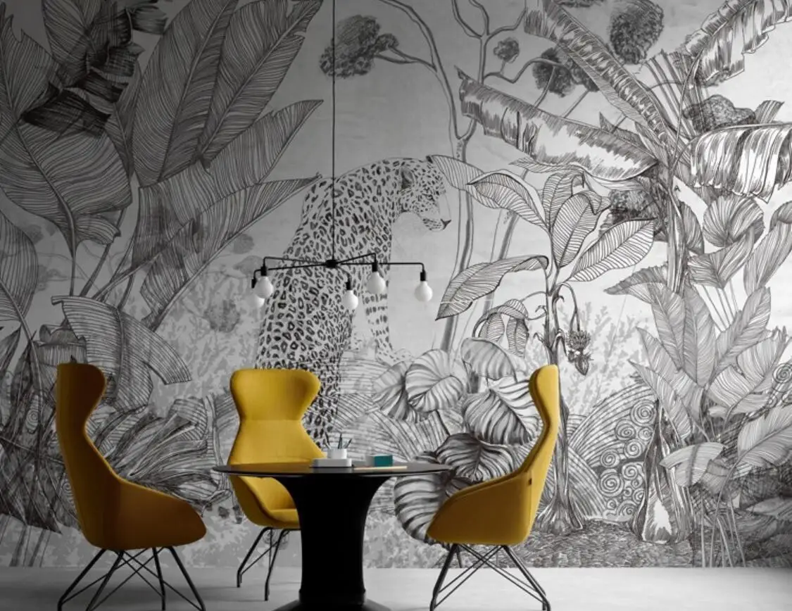 

papel pintado de pared Nordic tropical rainforest wallpaper bedroom living room jungle gray and white leopard mural custom