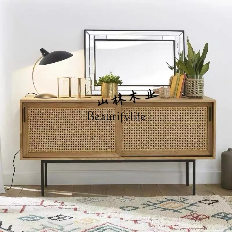 

Nordic Rattan Light Luxury Entrance Cabinet Japanese TV Cabinet Solid Wood Double Door Sideboard Cabinet Small Apartment