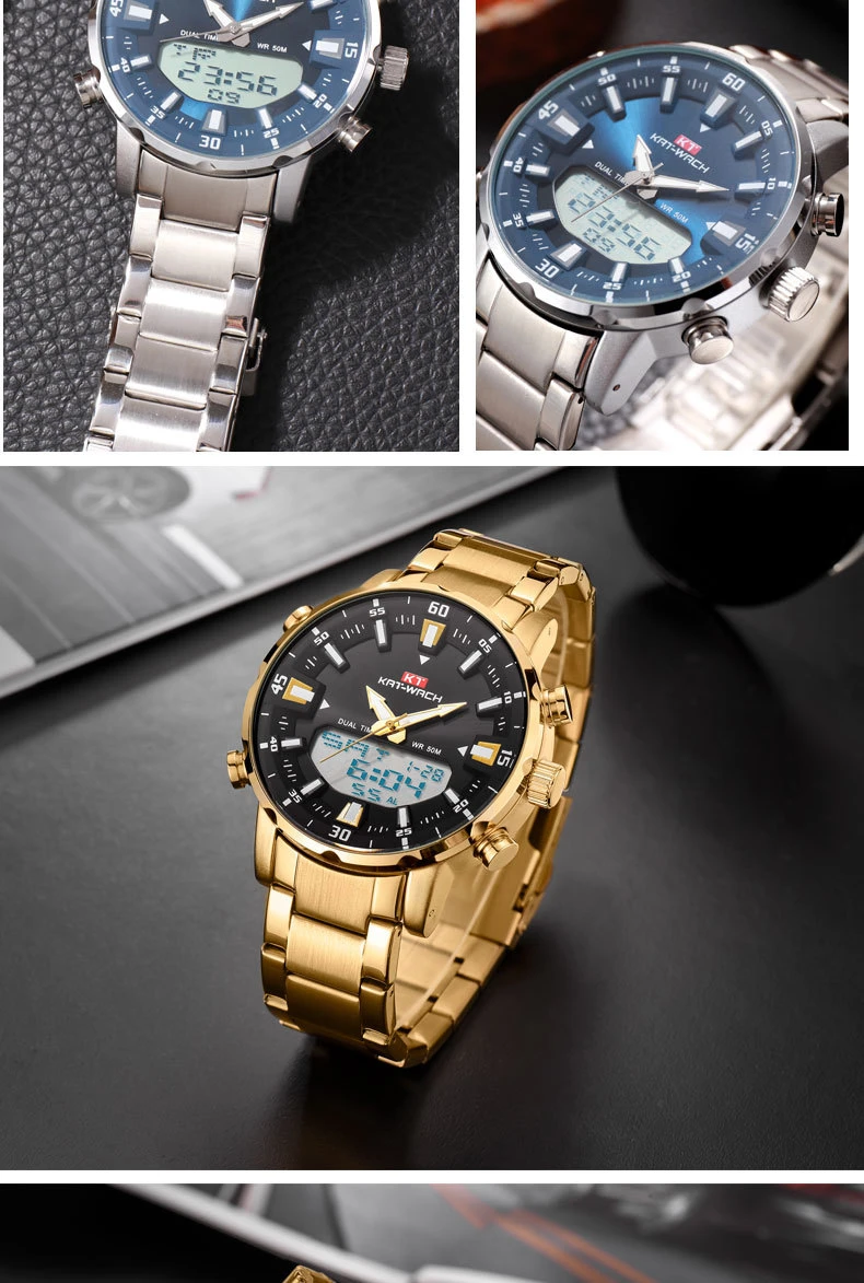 KAT-WACH Top Brand Men Watch Waterproof Sports Digital Watches Men LED Steel Military Quartz Watch For Men Wristwatch Relogio