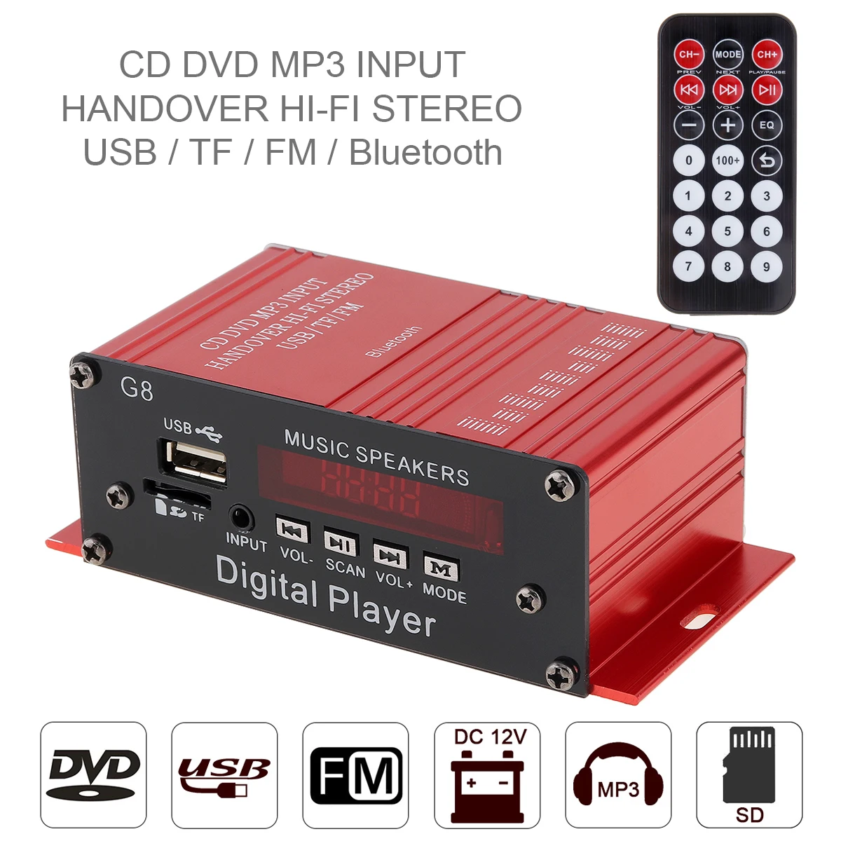G8 2CH Bluetooth-compatible Car Audio Power Amplifier FM Radio Player Support SD / USB / DVD /MP3 With Remote Controller