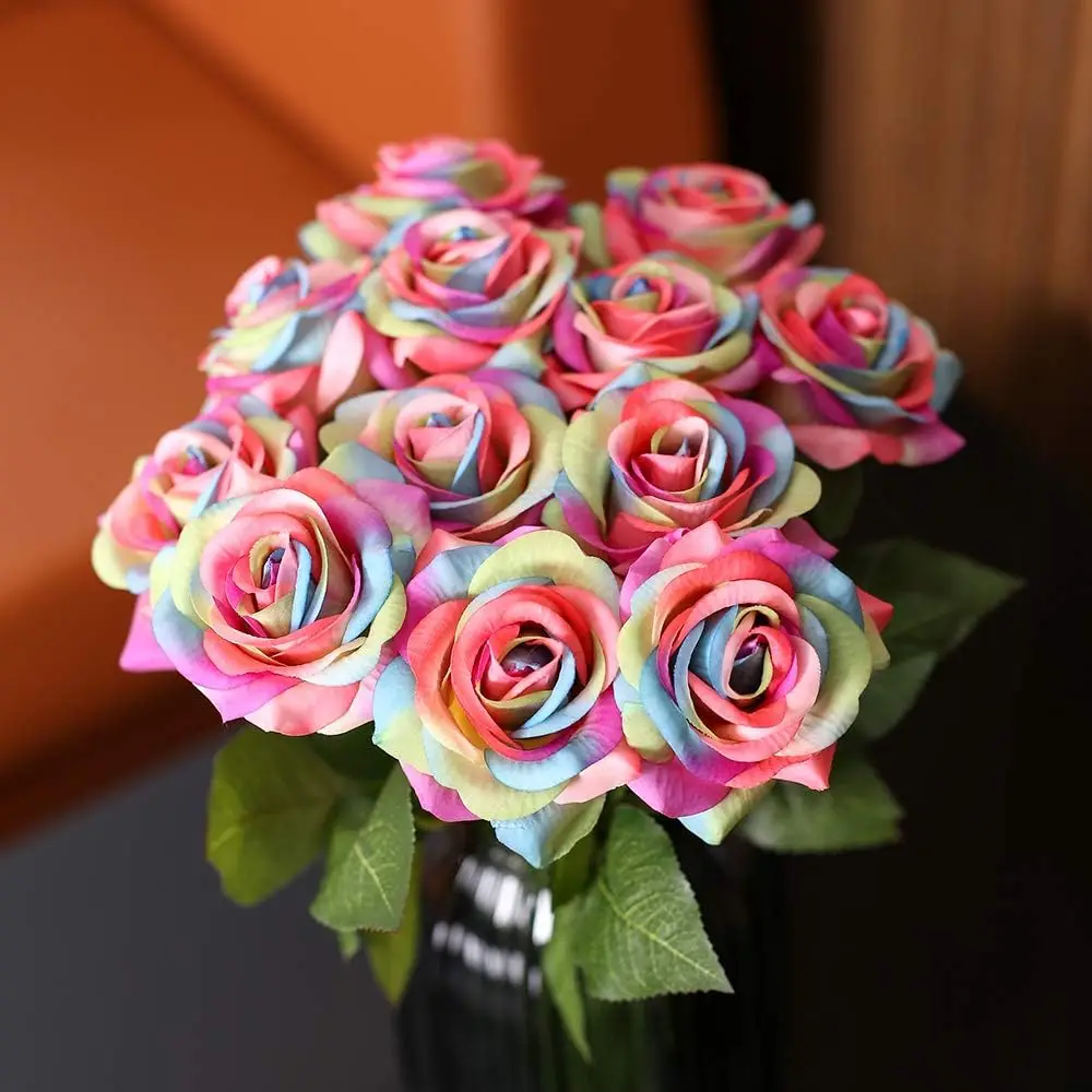 10 Stück künstliche Regenbogen-Rosen, Blumen, fühlen sich echt an, Seidenblumen für Blumen, DIY, Zuhause, Hochzeit, Party, Garten, Brautdekorationen