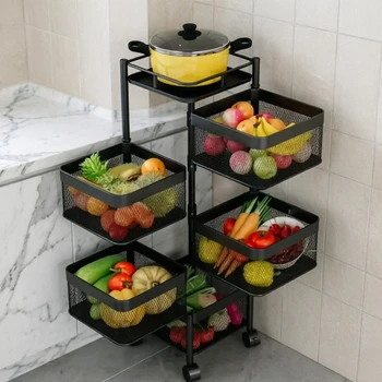 Scaffale Quadrato da Cucina con Ruote, Scaffalatura Girevole per Stoccaggio, Carrello Pratico Rotante a 3, 4, 5 Livelli