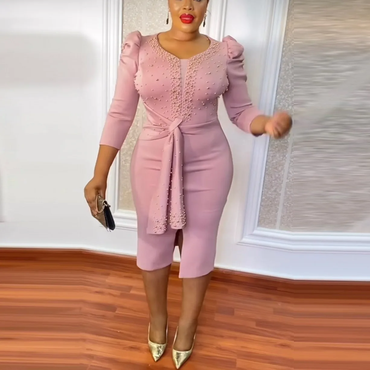 

Women Elegant Ruffle Evening Dress Solid Selvedge High Waist Party Club Wedding Birthday Cocktail Bodycon Midi Dresses