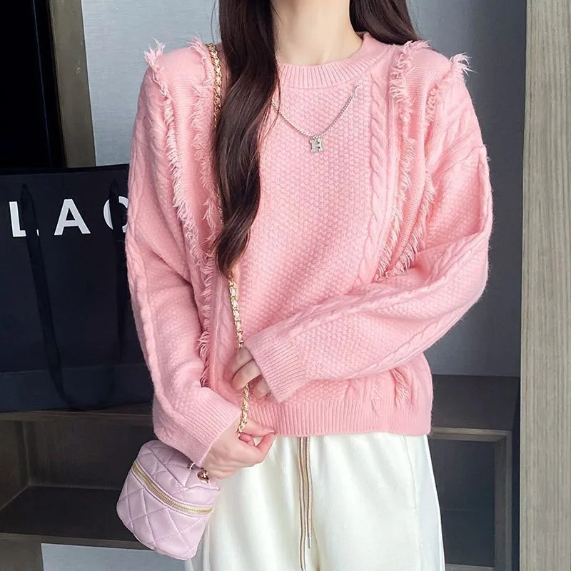 

New Autumn and Winter Fashion Korean Edition Solid Fried Dough Twists Tassel Round Neck Sweater Loose Versatile Western Knit Top