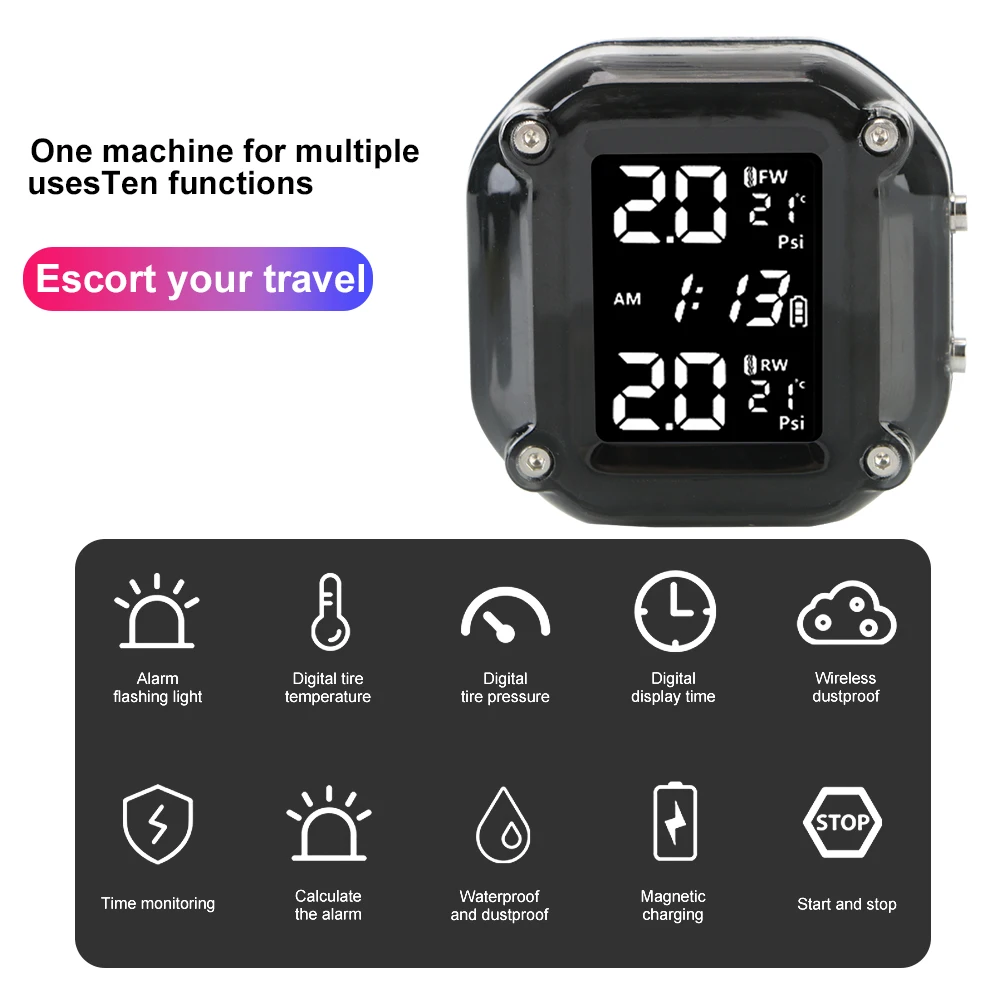 Motorcycle TPMS Tire Pressure Monitoring System With 2 External Sensors LCD Display Motorbike Tyre Temperature Alarm
