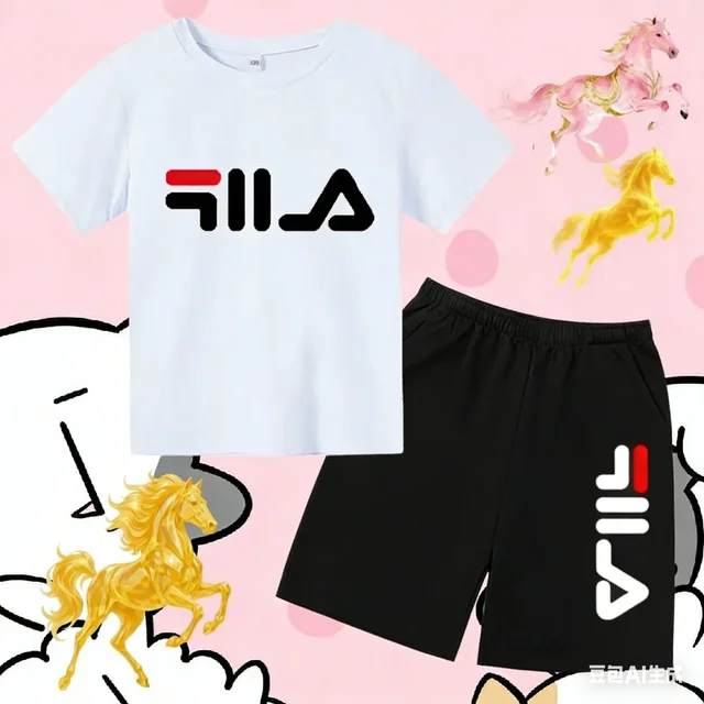 Ensemble de jogging décontracté d'été pour enfants : T-shirt blanc à col rond et manches courtes avec lettres noires + short – Idéal pour garçons et filles, parfait pour le sport et les activités de plein air 1