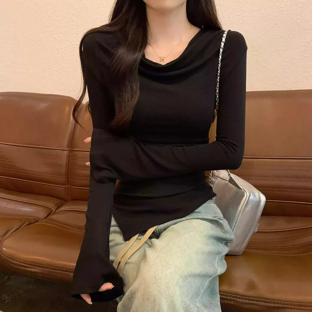 Women Slim Fit Long Sleeve Top Cowl Neck Off Shoulder Irregular Hem Bodycon Tee Casual Y2K Streetwear Blouse 3