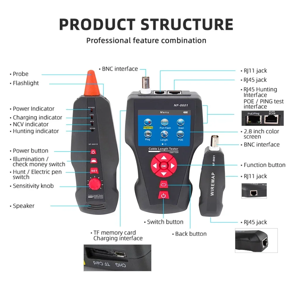Noyafa NF-8601 NF-8601s NF-8601w Design POE PING LCD Cable Length Test For RJ11 RJ45 BNC Network Cat 7 Cable Tester Wire Check