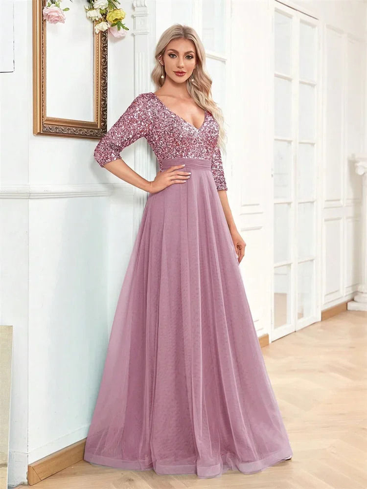 Luxury Sequin V-Neck Evening Dress - Women's Elegant Tulle A-Line Prom Gown