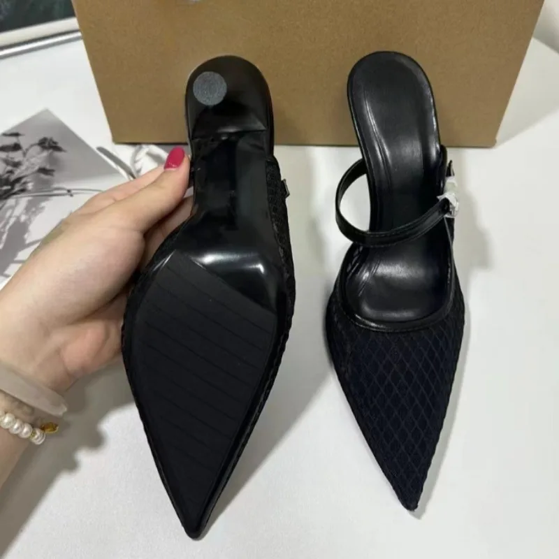 Damen Schwarze Spitze Stiletto-Mules Atmungsaktives Mesh Schnallenverschluss Slingback High Heels Elegante Büro- und Party-Kleiderschuhe – Detail 8