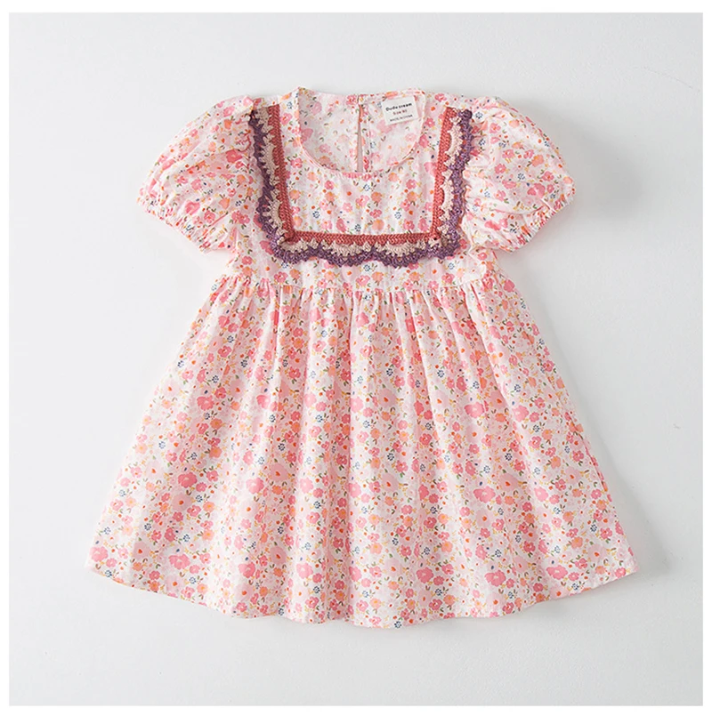 Kids Floral Princess Dress   Bohemia Girls Summer Lace Korean Children's Round Neck Short-Sleeved Boho Sweet Print Boatneck Dresses for Bohemian Girl in Pink