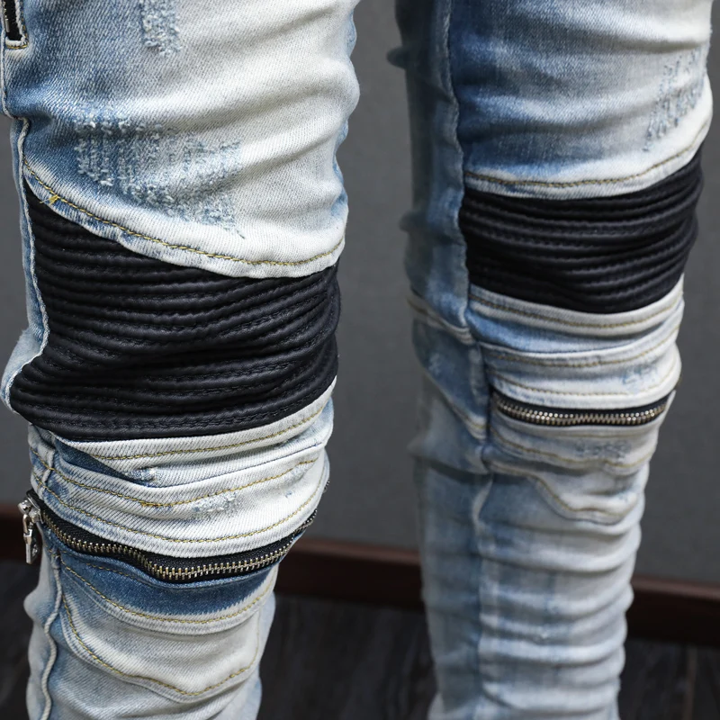 Street Fashion Men Jeans Retro Blue Stretch Skinny Ripped Jeans Men Spliced Designer Patched Hip Hop Brand Biker Pants Hombre