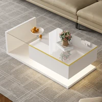 Table basse avec rangement, LED 16 couleurs et plateau en verre, robuste, pour le salon, rangement simple, en aggloméré – blanc 1