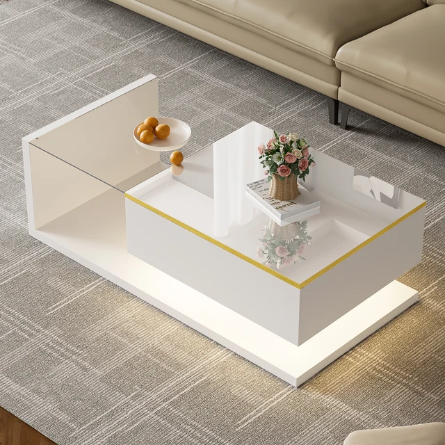 Table basse avec rangement, LED 16 couleurs et plateau en verre, robuste, pour le salon, rangement simple, en aggloméré – blanc 1