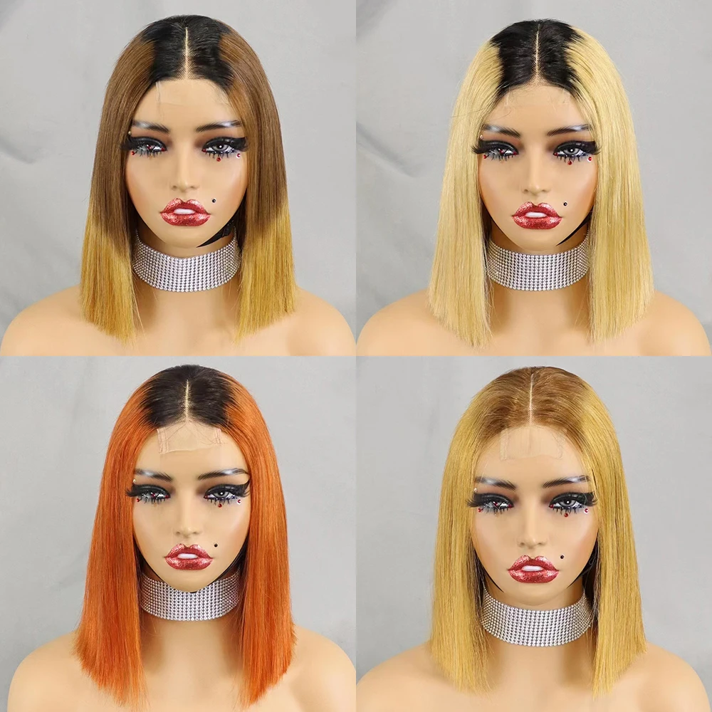 Glueless Double Drawn 12A 350% Density Bone Straight Bob Human Hair Wig Highlight Ombre Hair 2x6 HD Lace Closure Frontal Wigs