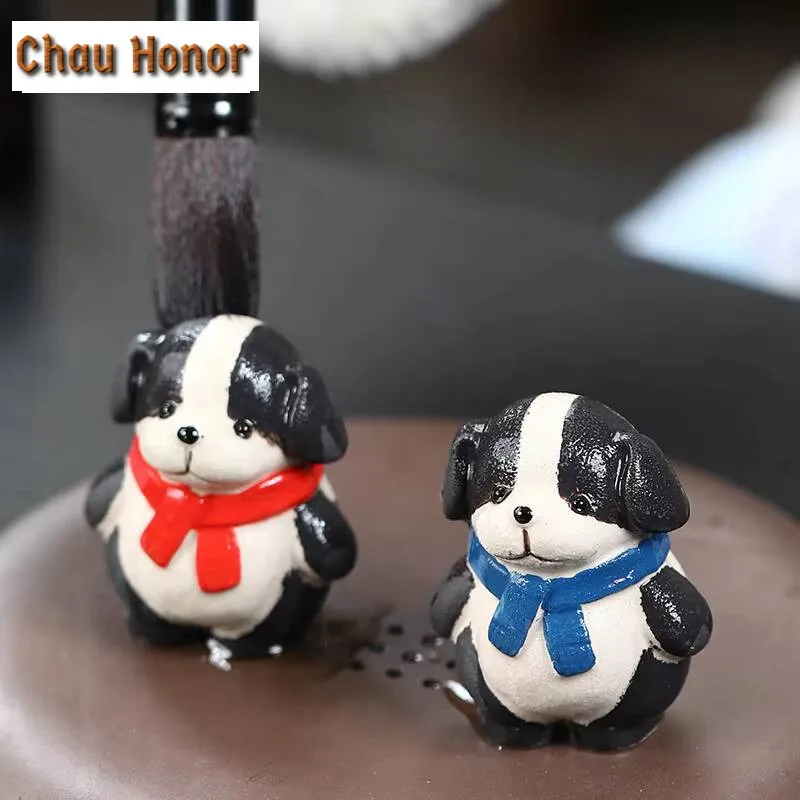 Fortune Border Collie Puppy Tea Pet Boutique Wangcai Purple Clay Tea Play Figurine Toys Raise Cute Zodiac Dog Sculpture Crafts