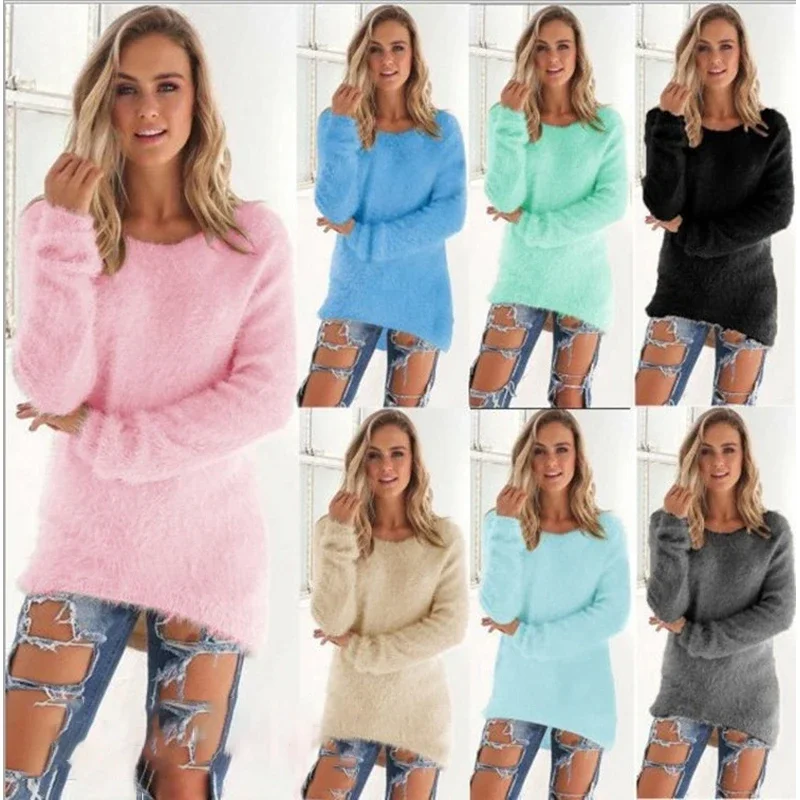 

Women's Fashion Warm Solid Color Long sleeved Women's Sweater Top Loose Cotton Knitted Pullover