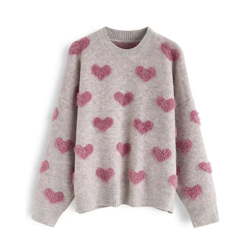 

Women Sweety Love Heart Knitted Sweaters Long Sleeve O-neck Casual Pullovers Jumper Female Winter Vintage Warm Sweater Tops.