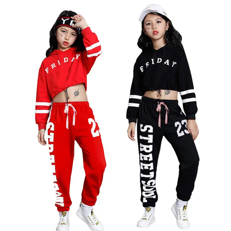 

LOLANTA 4-16 Years Kids Girls Hip Hop Crop Hoodies Clothes Outfit Sweatshirt Joggers Balck Red Jazz Streetwear Costumes