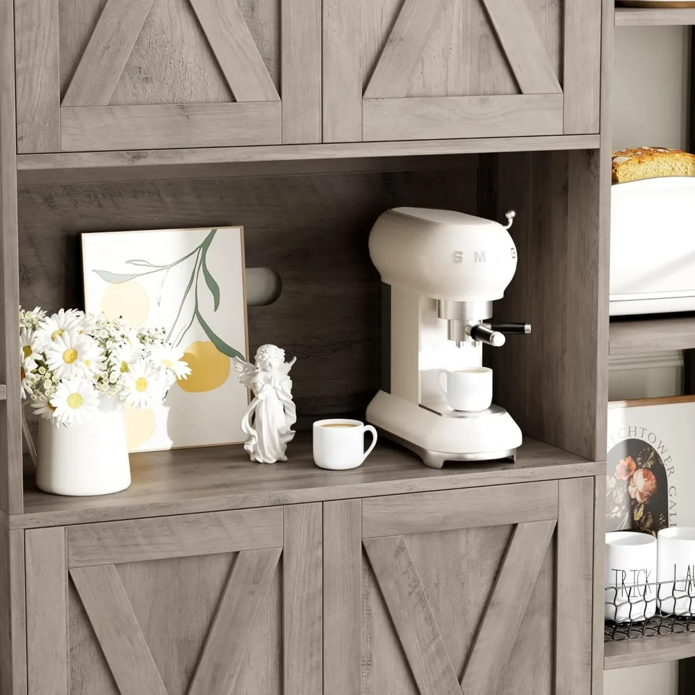 70" Kitchen Pantry Storage Cabinet,Tall Kitchen Hutch Cabinet with Microwave Stand,Industrial Pantry Cabinet with 8 Open Shelves 5