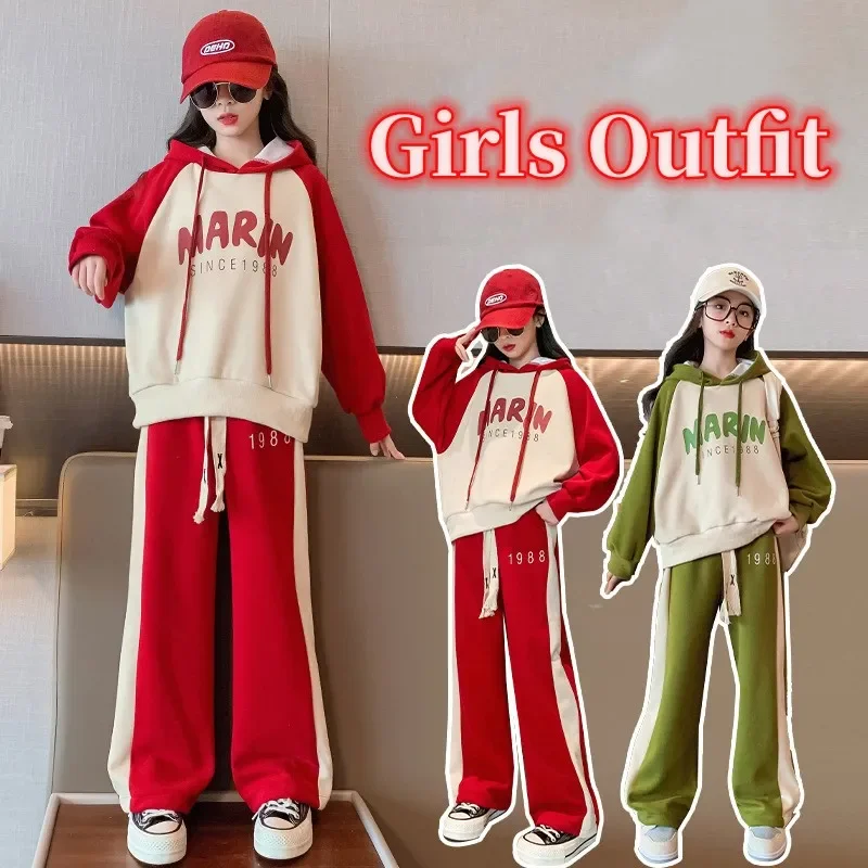 

Spring Autumn Girls Contrast Alphabet Hooded Sweatshirt+Drawstring Sweatpant School Kids Tracksuit Child Jogging Outfit 5-16Yrs