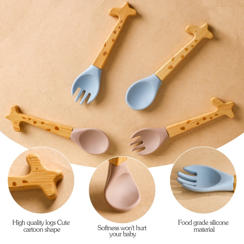 2PCS Baby Bamboo Fork Silicone Wooden Baby Feeding Spoon Toddlers Infant Feeding Accessories Organic BPA Free Food Grade Gift 4