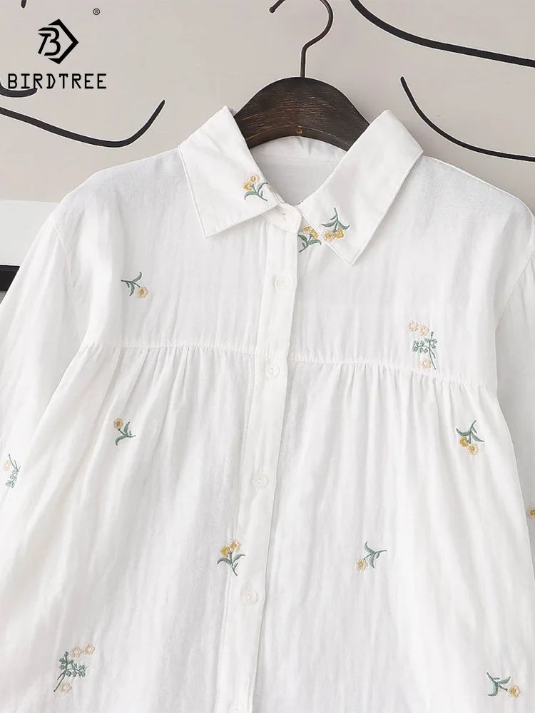 

New Autumn Cotton Shirts Woman Flower Embroidery Tops Girl Long Sleeve Turn-down Collar Loose Casual Blouses Spring T39277QM