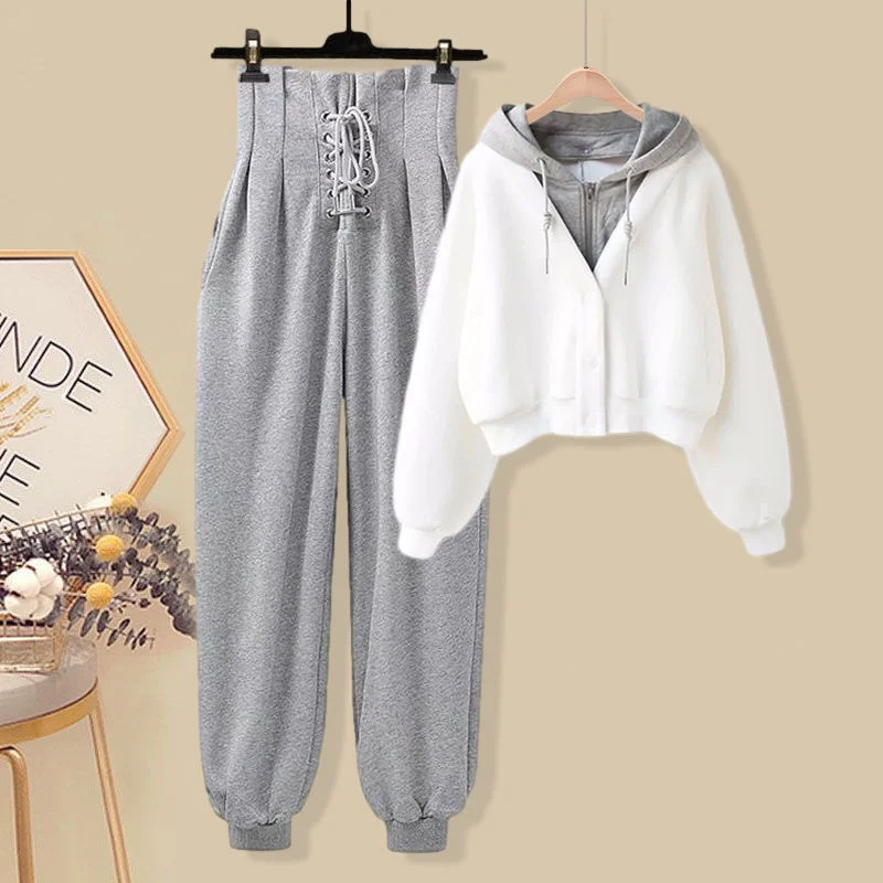 

Fall Winter Tracksuits Two Piece Set Women Long Sleeve Fake Two Piece Hooded Sweatshirts And High Waist Bandage Harem Pant Set